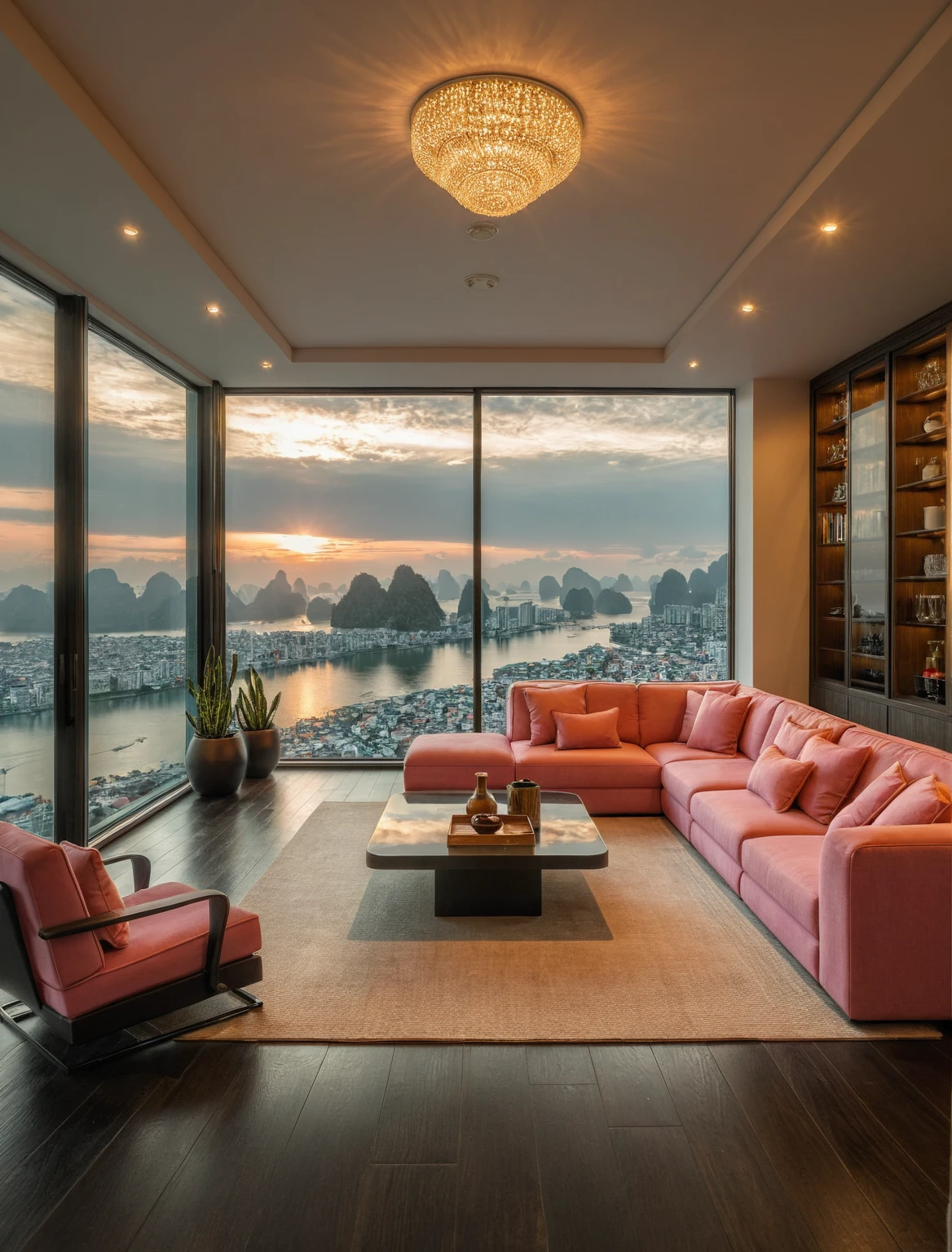 Raw photo,Masterpiece, high quality, best quality, authentic, super detail, interior, livingroom style modern, sunset, evening light, sofa, tea table, carpet, flower vase on tea table, wine bottle, tray, armchair, wine cabinet, books, glass cabinet doors, snake plant pot, downlight, windows overlooking the evening halong bay, (((black and pink tones))), black wooden floor, Chandeliers