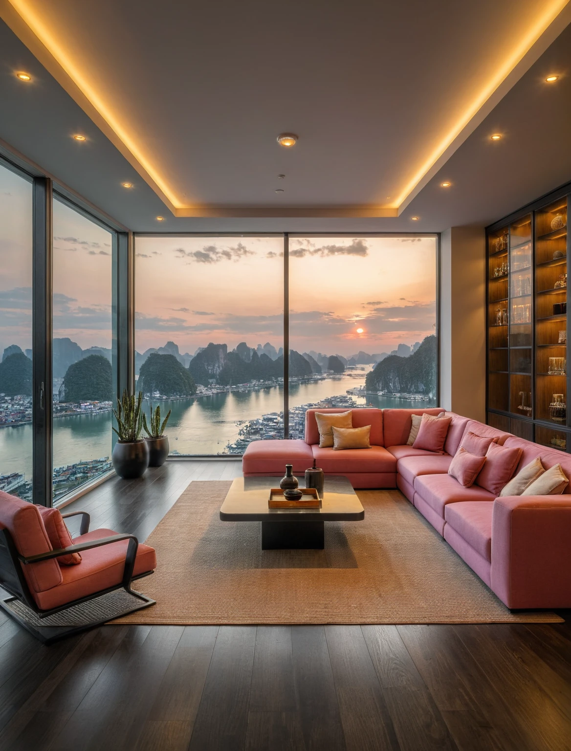 Raw photo,Masterpiece, high quality, best quality, authentic, super detail, interior, livingroom style modern, sunset, evening light, sofa, tea table, carpet, flower vase on tea table, wine bottle, tray, armchair, wine cabinet, books, glass cabinet doors, snake plant pot, downlight, windows overlooking the evening halong bay, (((black and pink tones))), black wooden floor, Chandeliers