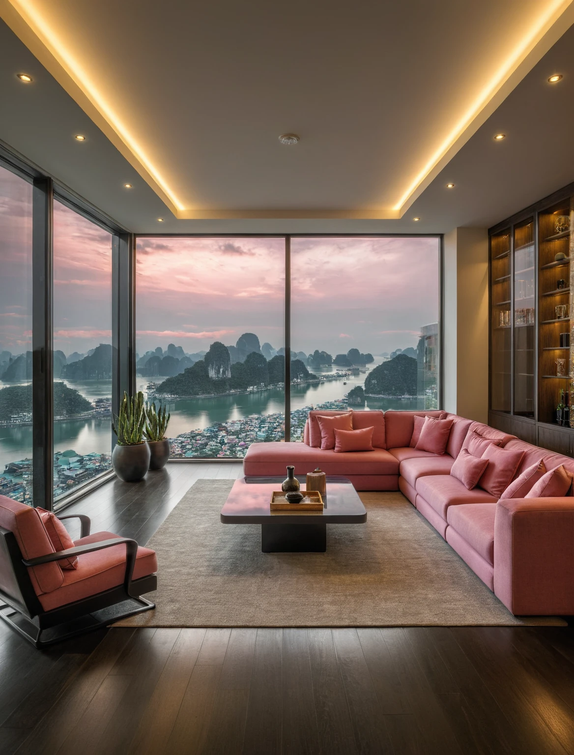 Raw photo,Masterpiece, high quality, best quality, authentic, super detail, interior, livingroom style modern, sunset, evening light, sofa, tea table, carpet, flower vase on tea table, wine bottle, tray, armchair, wine cabinet, books, glass cabinet doors, snake plant pot, downlight, windows overlooking the evening halong bay, (((black and pink tones))), black wooden floor, Chandeliers