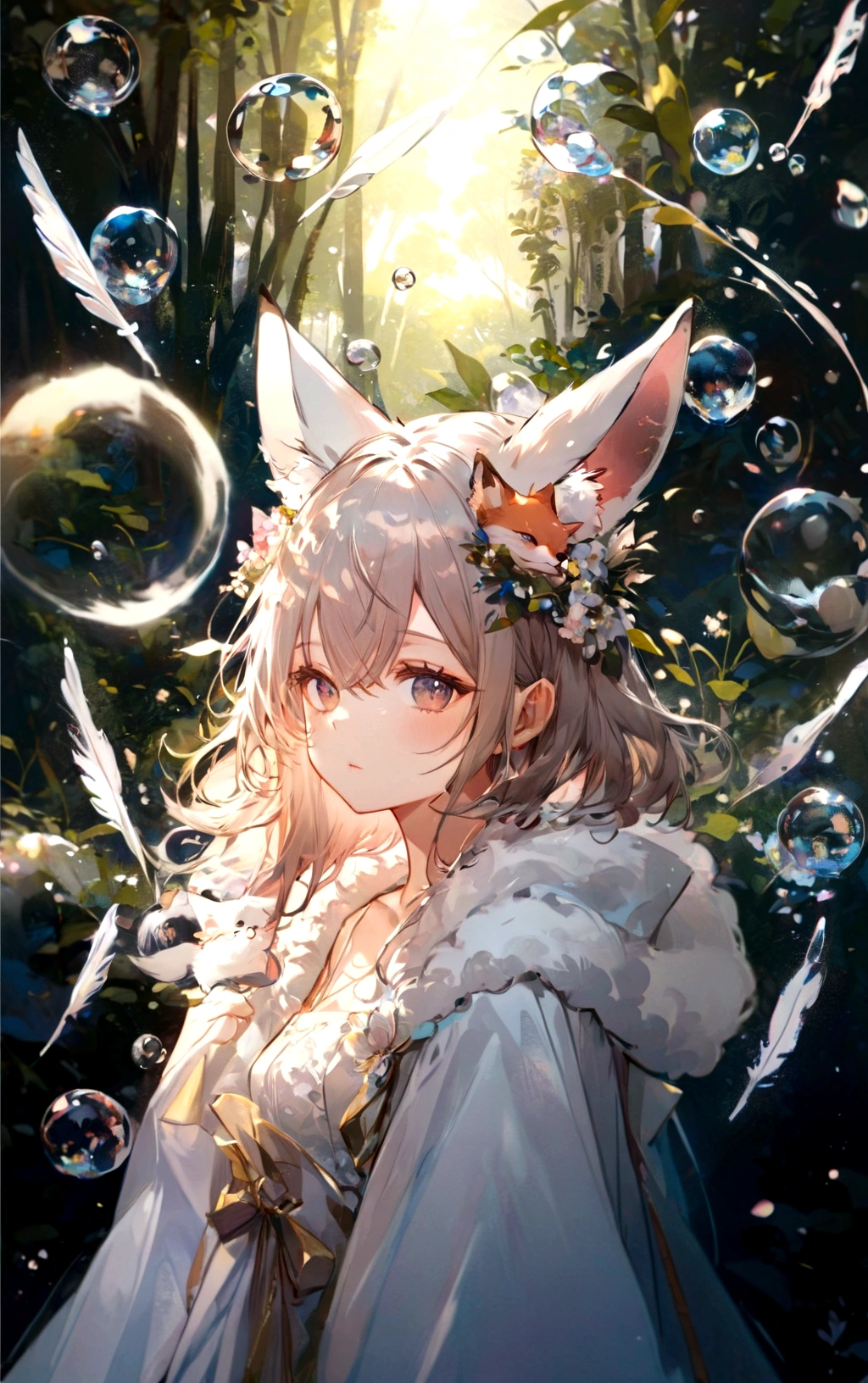 there is a woman with a cat ears and a white dress, artwork in the style of guweiz, fantasy art style, girl with fox ears, guweiz on pixiv artstation, guweiz on artstation pixiv, very beautiful cute catgirl, guweiz, beautiful anime catgirl, anime fantasy illustration, fluffy fox ears