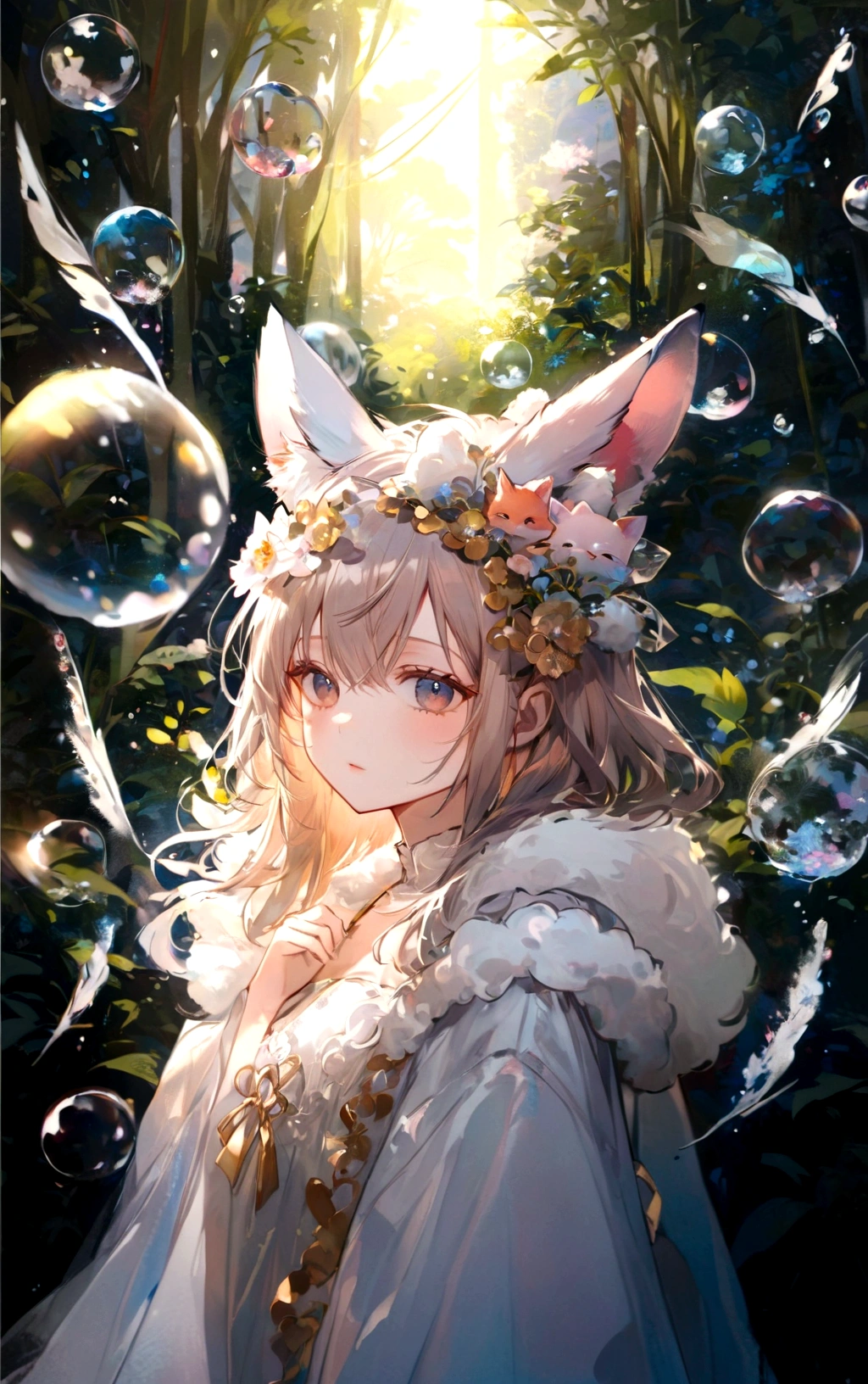 there is a woman with a cat ears and a white dress, artwork in the style of guweiz, fantasy art style, girl with fox ears, guweiz on pixiv artstation, guweiz on artstation pixiv, very beautiful cute catgirl, guweiz, beautiful anime catgirl, anime fantasy illustration, fluffy fox ears