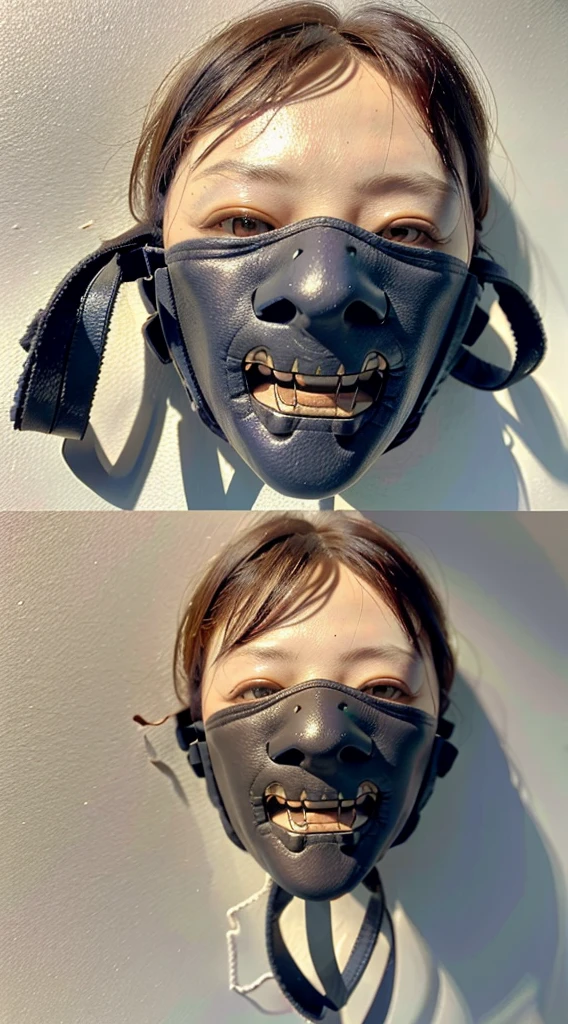 "A realistic, detailed leather mask inspired by Leatherface from The Texas Chainsaw Massacre, worn by a character with a grim and menacing expression, suitable for a Halloween display."