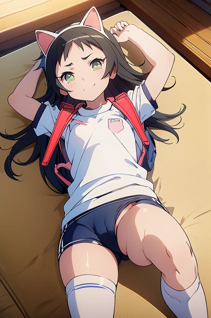 masterpiece, ultra quality, ultra sharp, ultra detailed, 1girl, solo, (((good anatomy))), haduki kurumi, (tattered torn dripping wet white gym shirt), navy gym pants, animal ears, randoseru, name tag, Japanese anime pose, laugh, BurumaShorts, Buruma, Gym Uniform, (((lying:1.4,  spread_legs, legspread, split_legs, spreading legs)), (randoseru backpack:1.4), (smirk smile), buruma, blue buruma, black buruma, (cameltoe), (tattered torn short sleeve white gym uniform with colored hem), (tiny nipples), (white long loose socks), strong lighting, legspread, bukkake, cum on clothes, cum on legs, cum on buruma, cum on bloomers,