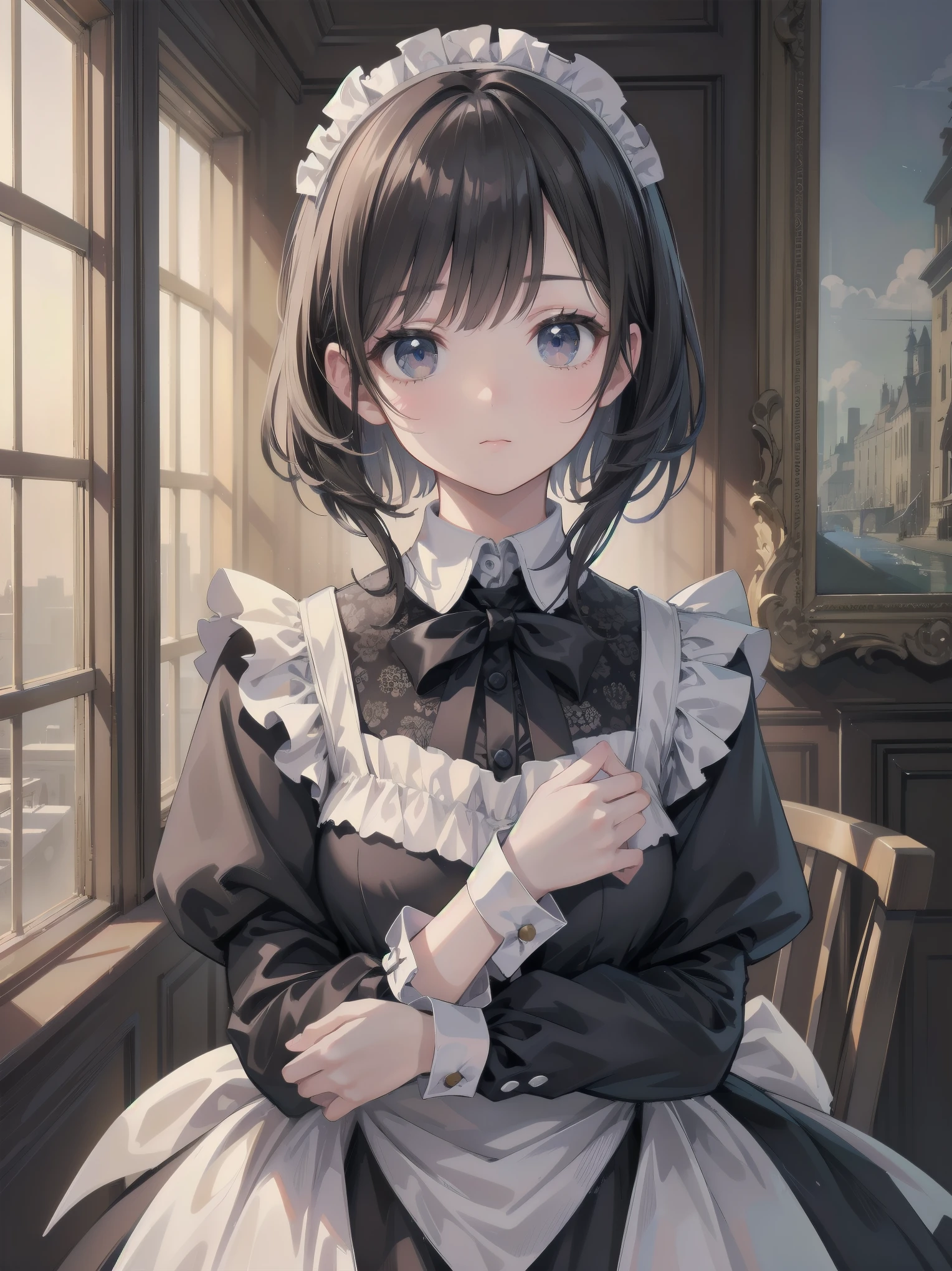(Highest quality、16K、masterpiece、Ultra-high resolution、Victorian era、Photorealistic:1.2)、Maid Lady、solo、One person、Beautiful and detailed、202Perfectly detailed illustrations created by master anime illustrators of the 4th generation、Cool Beauty、Heroine's Attributes、Artistic shading、Perfect Face、Detailed portrait、Dynamic angle shooting by Spielberg、Audrey Hepburn's acting instruction: Dynamic poses