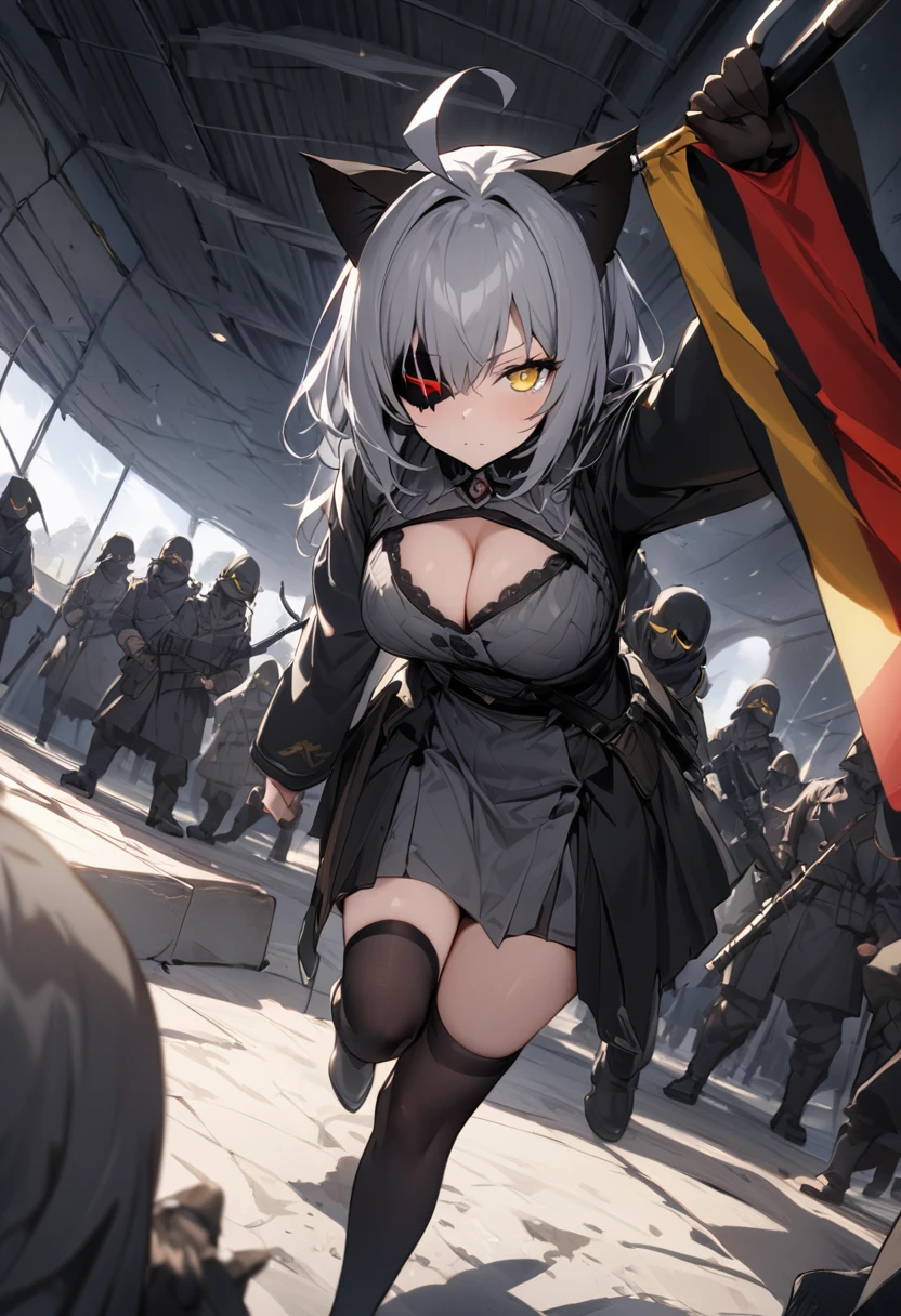 half eye、Dynamic Angles、Raising the German flag、Suspicious Gathering、Surrounded by enemies、(masterpiece, best quality:1.2), 1girl, 独奏、Gray cat ears、Grey long hair、Ahoge、Yellow Eyes、Gray cat ears、Background of military bases、Fisheye Lens、battlefield、Shadows of light and darkness、Expressionless、Grim face、battle、Black knee socks、Cleavage、