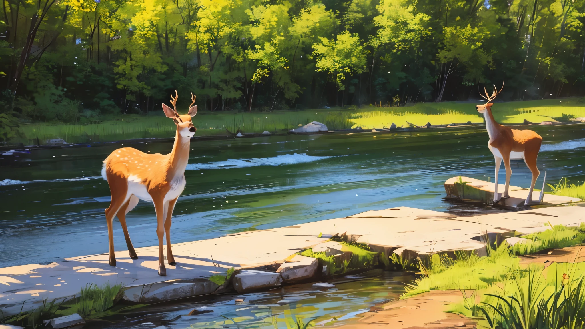 A picture of the deer standing by the river with a big smile