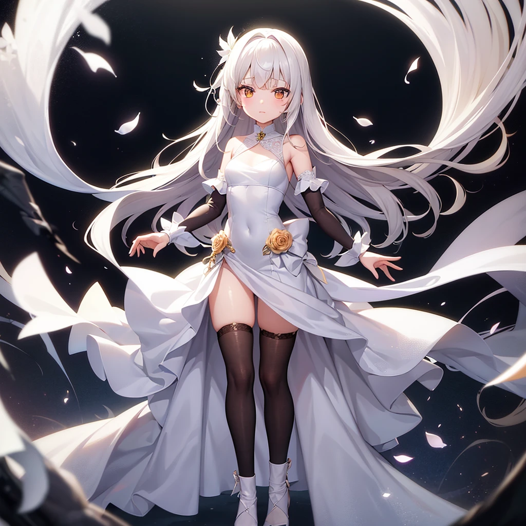 (((White Wedding Dress))), ((Bellline)),((In a naughty way)),Cute little loli,Tiny Lori,Small girl,,Childish face, Very fine clean face,Top quality, Big eyes,Straight Hair,Yellow hair,Crimson Eye,(Dark Room), Subtle light, Natural light,Soft lighting,Light from directly behind, (Are standing), Cute pose, (Open your hands), Showing the whole body,Front view,Black background
