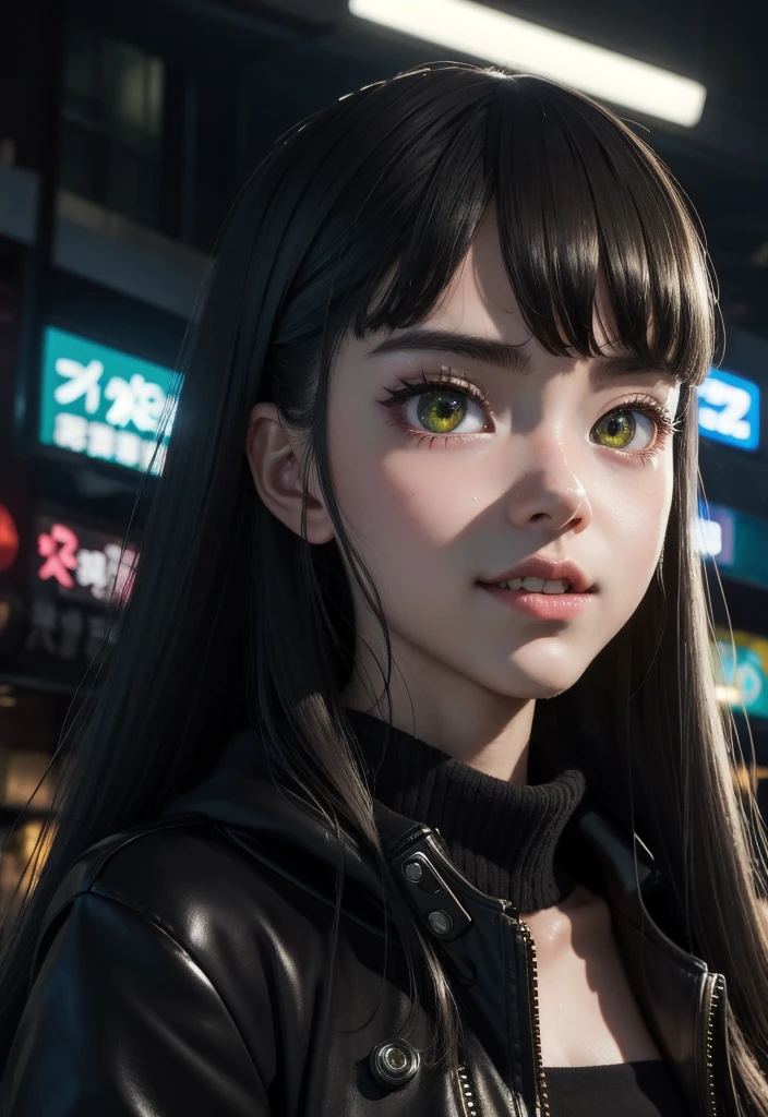 masterpiece, best quality, half body, portrait, night city, 1girl, anime, 3D, Japan, pixar, realistic,  girl, smiling, cute face, harajuku fashion style, rain coat, beautiful, colourful, neon lights, cyberpunk, smooth skin, illustration, artstation, painting by stanley artgerm lau, sideways glance, foreshortening, extremely detailed 8K, smooth, high resolution, ultra quality, highly detail eyes, highly detail mouth, highly detailed face, perfect eyes, both eyes are the same, true light, glare, Iridescent, Global illumination, (long straight hair), (side comb hair), Big Breasts:1.7, real light, real shadow, real face, hd, 2k, 4k, 8k, 16k, realistic light, realistic shadow, bright Eyes, fluorescent eyes, soft light, dream light