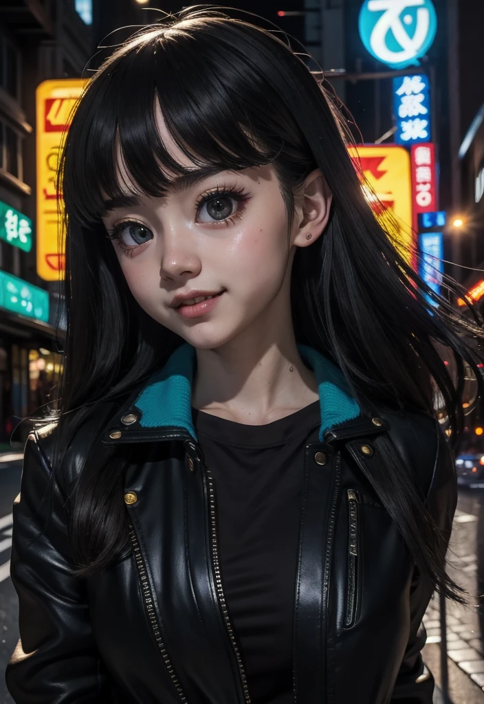 masterpiece, best quality, half body, portrait, night city, 1girl, anime, 3D, Japan, pixar, realistic,  girl, smiling, cute face, harajuku fashion style, rain coat, beautiful, colourful, neon lights, cyberpunk, smooth skin, illustration, artstation, painting by stanley artgerm lau, sideways glance, foreshortening, extremely detailed 8K, smooth, high resolution, ultra quality, highly detail eyes, highly detail mouth, highly detailed face, perfect eyes, both eyes are the same, true light, glare, Iridescent, Global illumination, (long straight hair), (side comb hair), Big Breasts:1.7, real light, real shadow, real face, hd, 2k, 4k, 8k, 16k, realistic light, realistic shadow, bright Eyes, fluorescent eyes, soft light, dream light