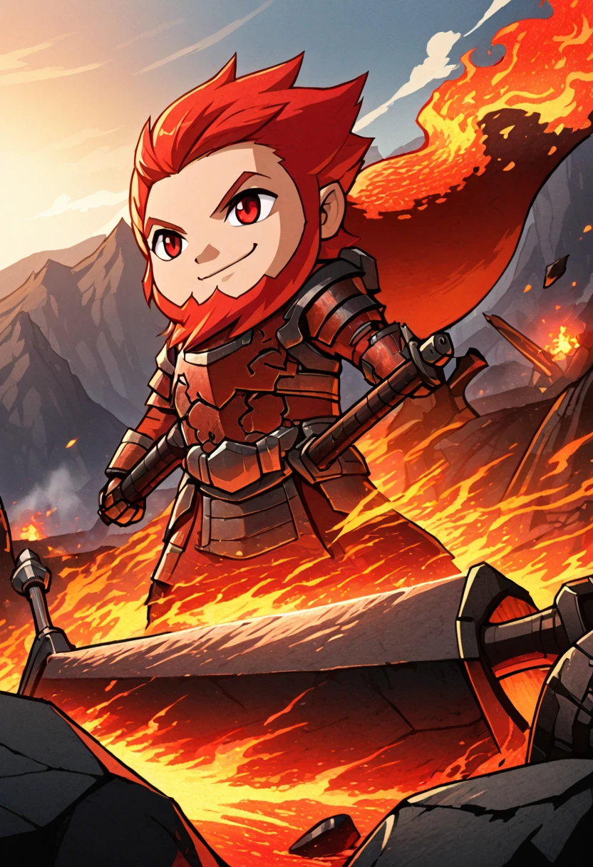 detailed illustration, dynamic angle, ultra-detailed, illustration, 1boy, fire red hair, red orange hair, red beard, long beard, battle axe, lava, mountain, forge, smiling, red eyes, firey eyes, iron armor, WindWakerStyle