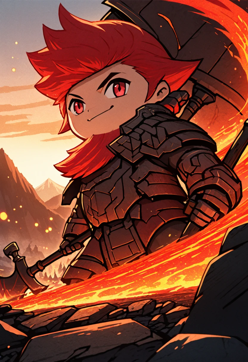 detailed illustration, dynamic angle, ultra-detailed, illustration, 1boy, fire red hair, red orange hair, red beard, long beard, battle axe, lava, mountain, forge, smiling, red eyes, firey eyes, iron armor, WindWakerStyle