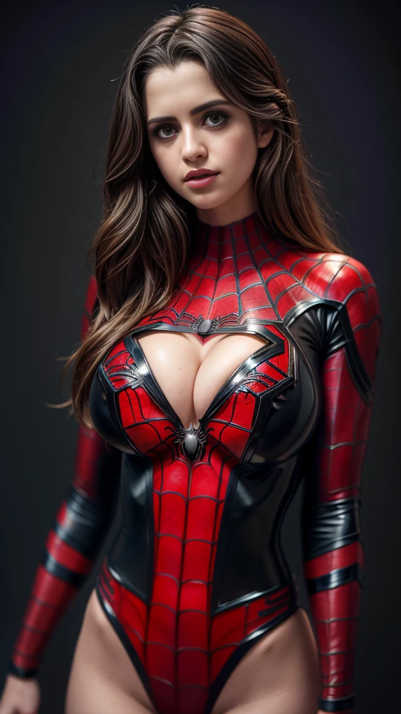 a professional studio upper-torso portrait photo of a seductive Laura Marano  wearing intricate latex ((spider-man bikini:1.2)), flowy long wide sleeve, (large breasts), ((breasts uncovered:1.2)),((no bra)), ((huge cleavage)),(black hair), moody portrait, striking features, beauty, intricate details, dramatic composition, tension, wispy hair, contrast, sweaty shiny skin, texture, realism, high-quality rendering, stunning art, high quality, film grain, Fujifilm XT3, detailed skin, volumetric fog, backless, 