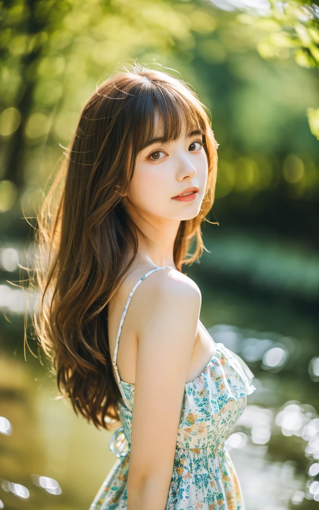 masterpiece, Best Quality, 8K, 1 girl, Japanese cute girl, in summer, forest, stream, out of focus, 18 yo, large breasts, Mouth slightly open, cute little, Solo, sad, summer dress, Girly, Delicate girl, Neat and clean beauty, Raw photo, Professional Photography, Portrait, Soft light, Professional Lighting, Back lighting, Upper body, see the beholder, Sophisticated, Film grain, (Eyes and faces with detailed:1.0), medium hair swaying in the wind, beautiful flowing brown hair,