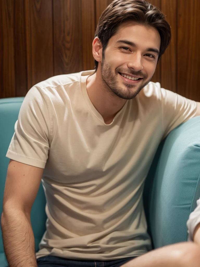 The man smiled and looked more relaxed after the therapy session.
