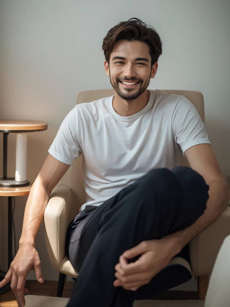 The man smiled and looked more relaxed after the therapy session.