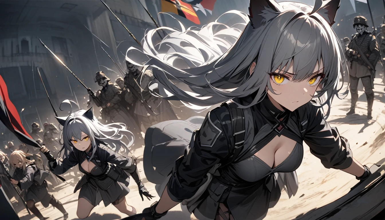 Grey long hairが揺れる、Dynamic Angles、Raising the German flag、Suspicious Gathering、Surrounded by enemies、(masterpiece, best quality:1.2), 1girl, 独奏、Gray cat ears、Grey long hair、Ahoge、Yellow Eyes、Gray cat ears、Background of military bases、Fisheye Lens、battlefield、Shadows of light and darkness、Expressionless、Grim face、battle、Black knee socks、Cleavage、