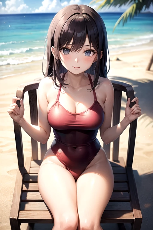creates an anime girl in a red swimsuit taking off a white blouse 24 years old in a tropical beach landscape and sitting on a beach chair