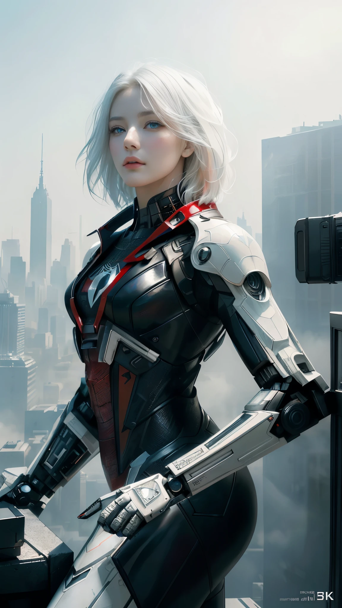 (1 girl:1.3), Alone, (((Very detailed face)))), ((Very detailed eyes and face.)))), beautifuls detalles ojos, body parts__, Official Art, unified 8k wallpaper, super detailed, beautiful and beautiful, beautiful, Masterpiece, Best Quality, Original, Masterpiece, super fine photo, Best Quality, super high resolution, realistic realism, sunlight, Full length portrait, extraordinary beauty, dynamic pose, delicate face, vibrant eyes, (FROM THE FRONT), He wears a Spider-Man suit., red and black color scheme, spider, fondo muy detallado del Ceiling de la ciudad, Ceiling, with city views, detailed face, detailed complex busy background, disordered, gorgeous, milky white, very detailed skin, realistic skin details, visible pores, clear focus, volumetric fog, 8k hd, DSLR, high quality, film grain, White skin, photographic realism, lomography, Futuristic dystopian megalopolis, translucent, eyes looking at the camera, Big , short hair,white hair ,full body,mecha,cyborg,robotic,long hair