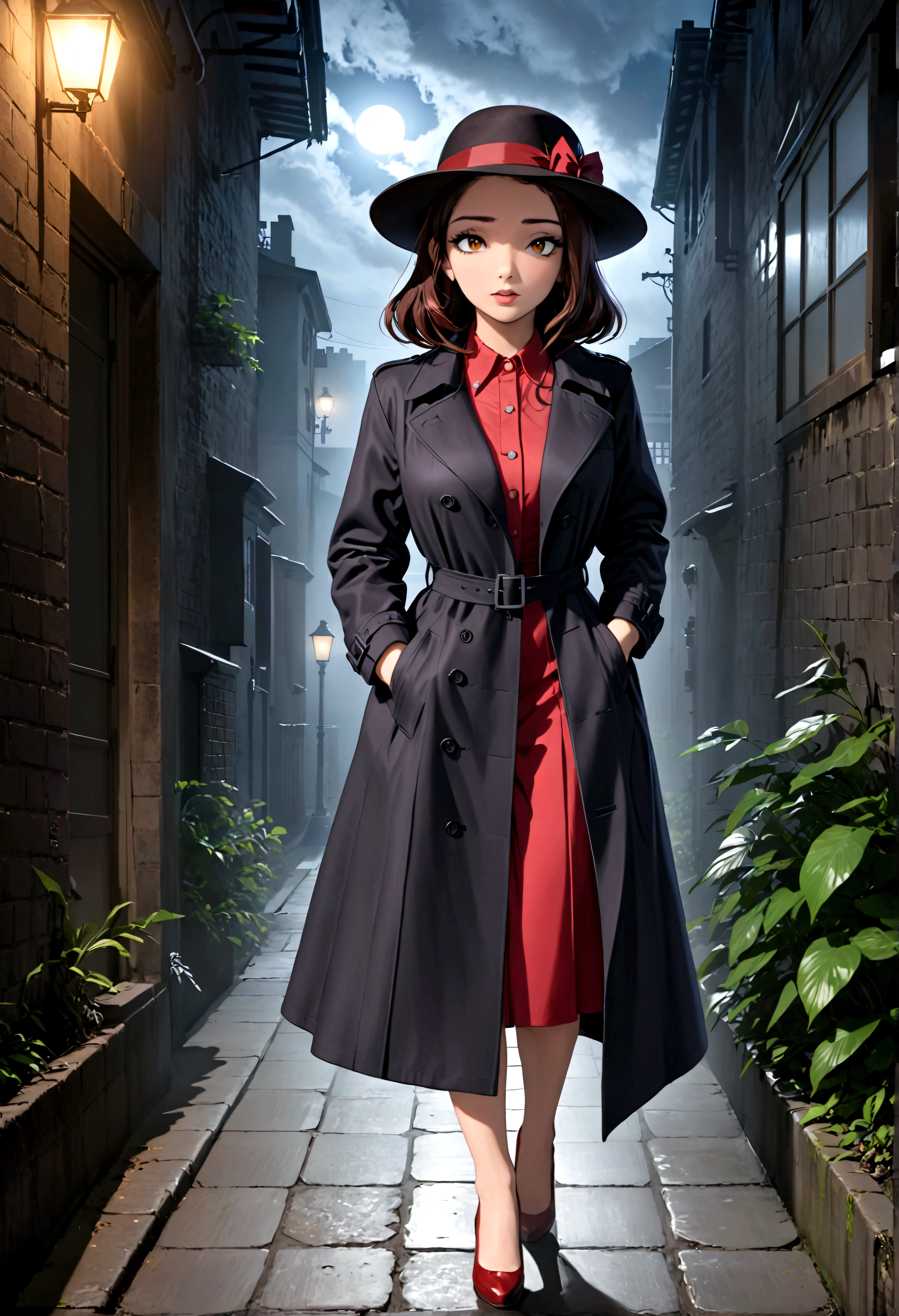 Godzilla (Black trench coat, black felt hat) is a detective in a 1940s mystery film. He is walking down a dark alleyway on a dreary night. The femme fatale in a red dress and wide rim hat trails behind