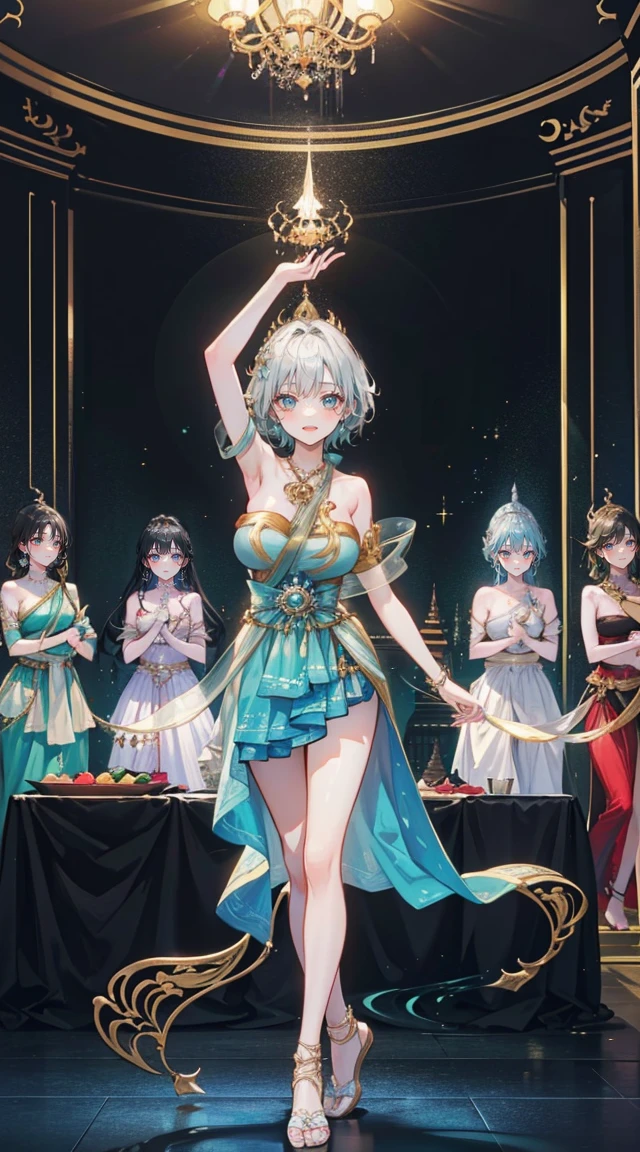 (2 young women ,beautiful woman),smile,(light green short hair),nobility,(princess),blue student,Tall figure,((Strapless Thai dress)),low skirt,(Strapless Thai dressที่ไม่ทีสาย),ta skirt,Show your legs,Barefoot,red carpet,prom website,(nobility),(big tits),(Various poses),Highest quality、Highest picture quality、Masterpiece,, ,(((Umbilical drive,dance,dance,Thai dance)))