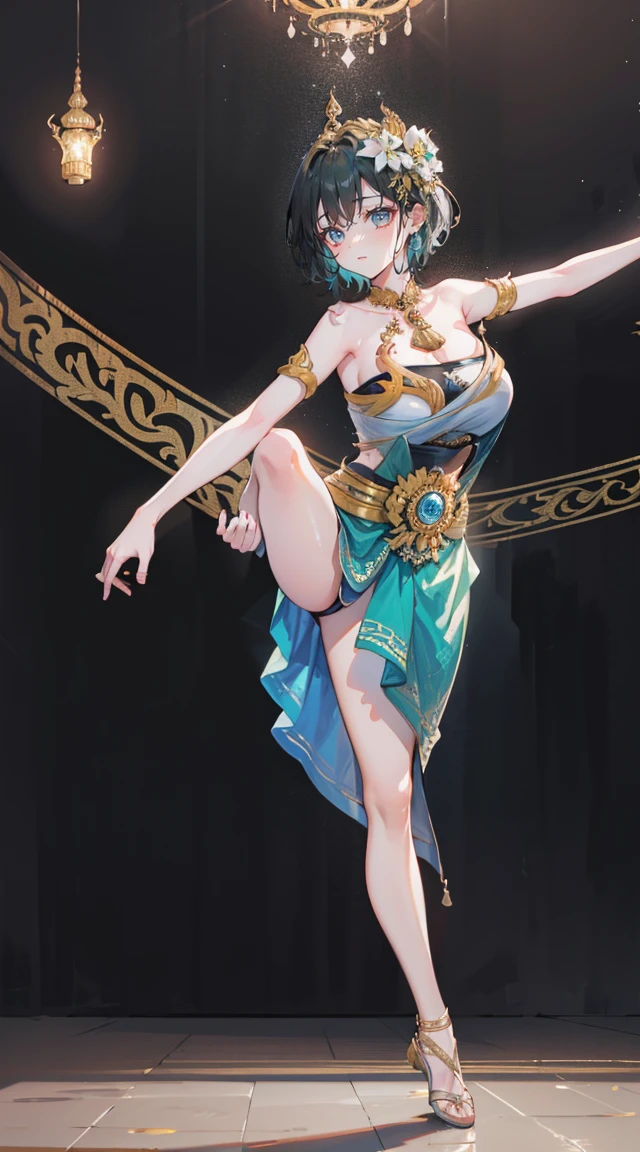 (2 young women ,beautiful woman)，smile，(light green short hair)，nobility，(princess)，blue student，Tall figure，((Strapless Thai dress))，low skirt，(Strapless Thai dressที่ไม่ทีสาย)，lolita skirt，Show your legs，Barefoot，red carpet，prom website，(nobility)，(big tits),(Various poses),Highest quality、Highest picture quality、Masterpiece,, ,(((Umbilical drive,dance,dance,Thai dance)))