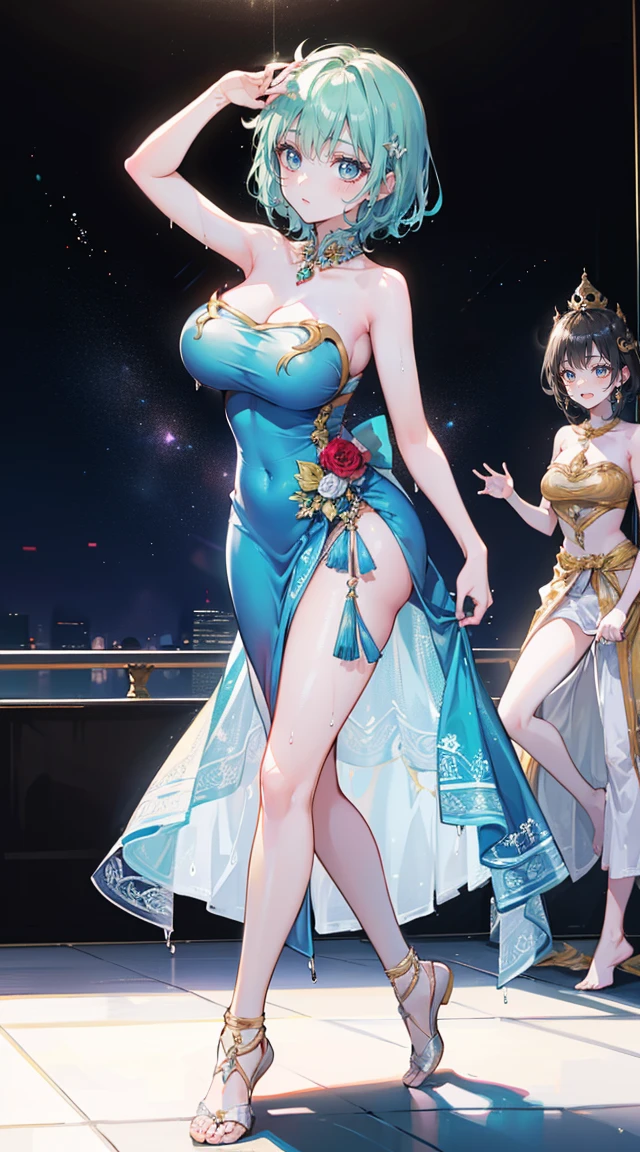 (2 young women ,beautiful woman),(20-year-old girl),smile,(light green short hair),nobility,(princess),blue student,Tall figure,((Strapless Thai dress)),low skirt,(Strapless Thai dressที่ไม่ทีสาย),ta skirt,Show your legs,Barefoot,red carpet,prom website,(nobility),(big tits),(Various poses),Highest quality、Highest picture quality、Masterpiece,, ,(((Umbilical drive,dance,dance,Thai dance))), (There's nothing hiding the pussy.), (no panties), (very good:1.2), (shy:1.2), (wet:1.2), (feel sexually happy:1.6),