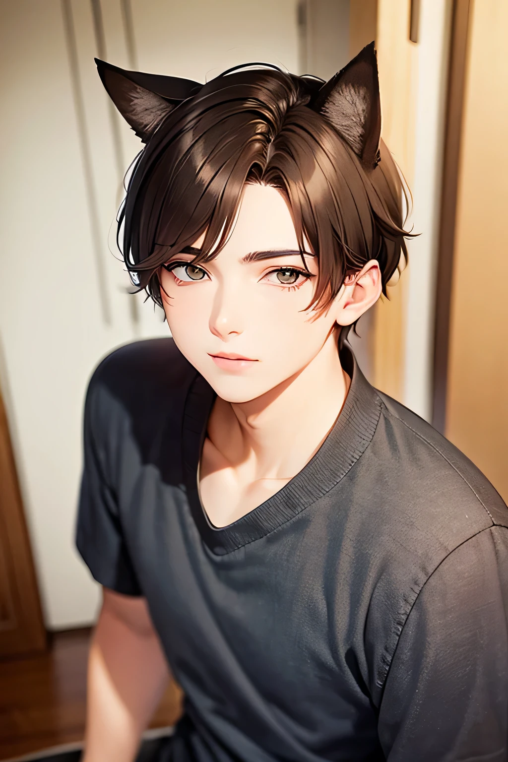 short hair　Brown Hair　male　20-year-old　Cat ear　cute　Brown eyes