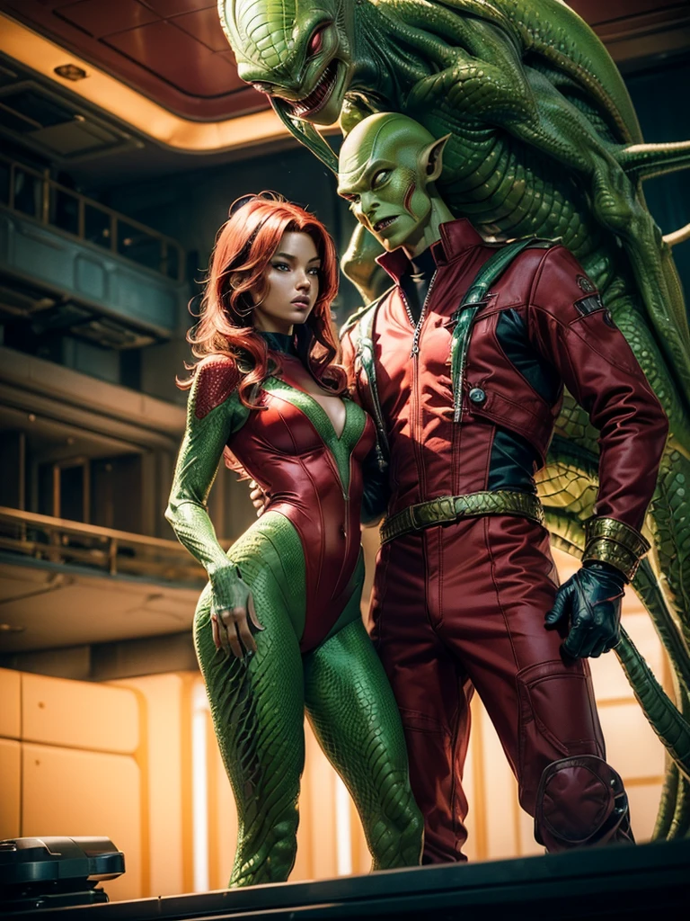 (((Incredibly sexy female Star ship crew member wearing a red revealing uniform))) stands with her (((fully dressed green scaly skinned male Alien captain))) on board ship