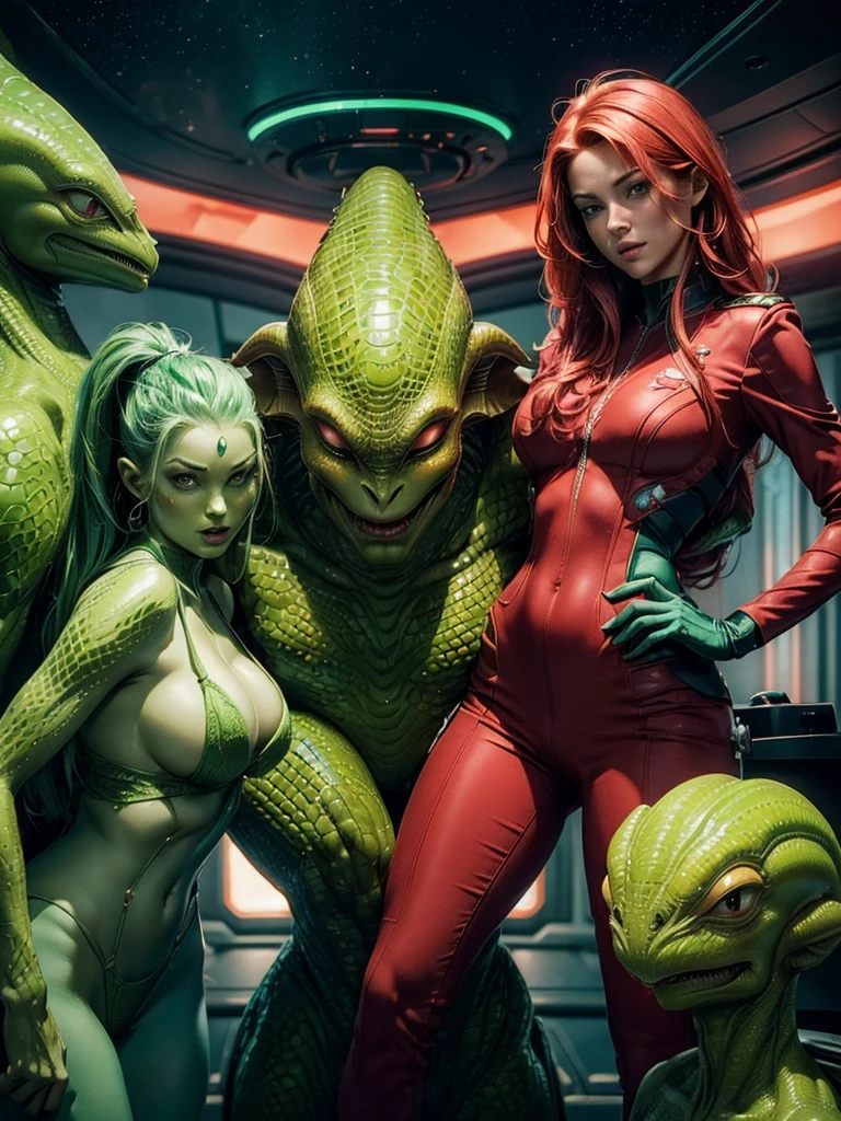 (((Incredibly sexy female Star ship crew member wearing a red revealing uniform))) stands with her (((fully dressed green scaly skinned male Alien captain))) on board ship