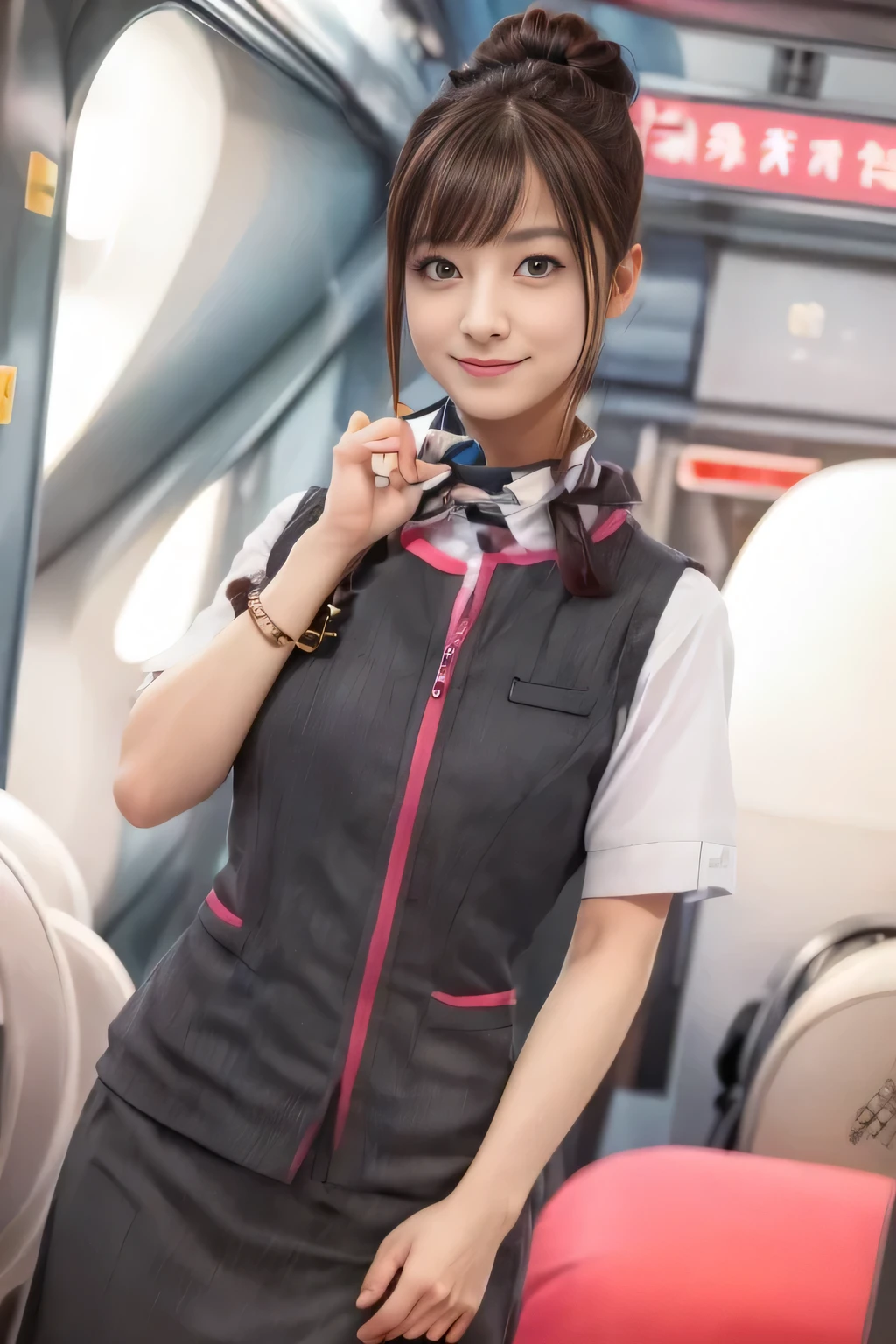 (masterpiece:1.2, Highest quality:1.2), 32k HDR, High resolution, (alone、One girl)、(At the station platform、Professional Lighting)、Empty train station platform background、(Realistic style of JR Gran Class crew uniform)、Short sleeve blouse、a scarf around the neck、(JR Gran Class flight attendant uniform with pink parts on the skirt sleeves)、(The uniform of a flight attendant in JR Gran Class has a pink line on the front zipper of the vest.)、Dark brown hair、(Chignon、Hair tied up)、Dark brown hair、Long Shot、Big Breasts、((Great hands:2.0)),((Harmonious body proportions:1.5)),((Normal limbs:2.0)),((Normal finger:2.0)),((Delicate eyes:2.0)),((Normal eyes:2.0)))、Big Breasts、Luxury Necklace、smile、Beautiful standing posture,Place your hands around your stomach