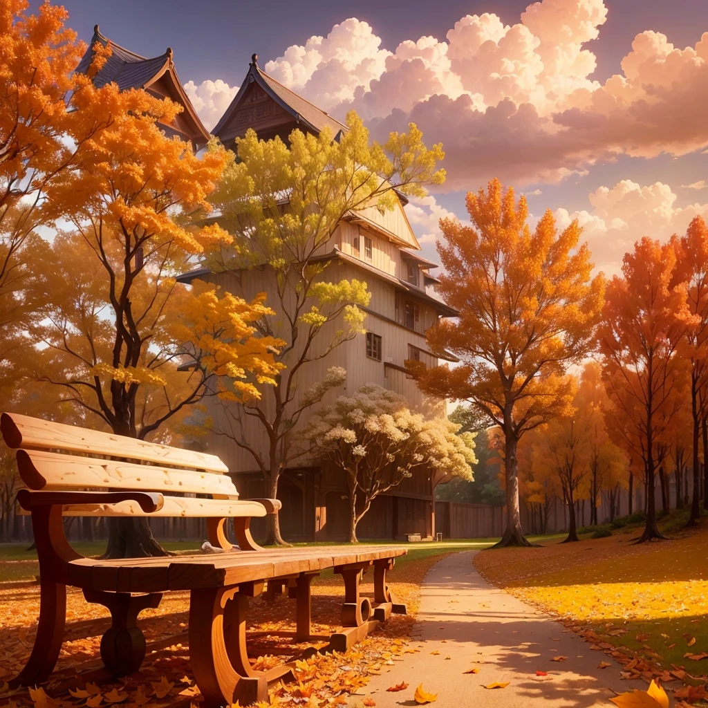 (Highest quality, High resolution), Vibrant colors,Low - Angle,

(古びたwood製のベンチ:1.3),Fascinating and enchanting autumn scenery. Warm earth tones, Soft and natural lighting.Autumn leaves background, Vibrant colorsの葉, The golden leaves gently fall, wood々Warm sunlight shining in from between, Peaceful and calm atmosphere, Soft rays of light illuminating the scene, The sound of rustling leaves, Fresh, cool air, Textured bark, A carpet of fallen leaves on the ground, Quiet and picturesque setting, Natural beauty in full bloom, 