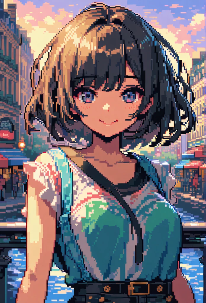 masterpiece, upscale, Super detailed, 8k drawing under CG unity, A woman looks directly at the observer, Summer subjects, Charming and happy expression, In the heart of Paris, Smile, long black hair，Denim style.Pixel Art