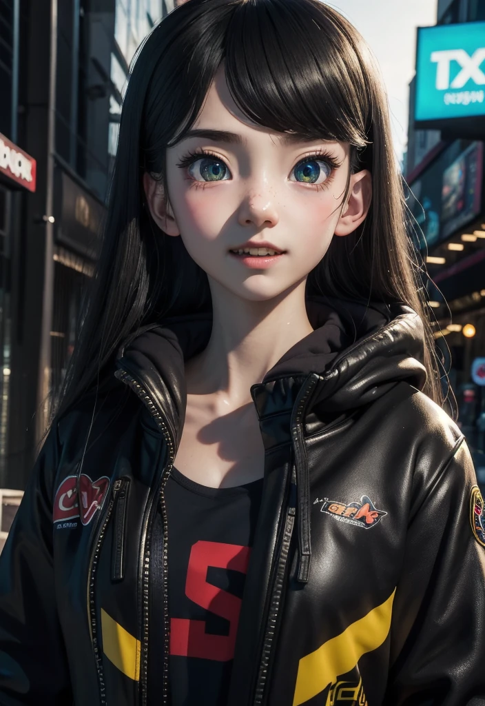 masterpiece, best quality, half body, portrait, night city, 1girl, anime, 3D, Japan, pixar, realistic,  girl, smiling, cute face, harajuku fashion style, rain coat, beautiful, colourful, neon lights, cyberpunk, smooth skin, illustration, artstation, painting by stanley artgerm lau, sideways glance, foreshortening, extremely detailed 8K, smooth, high resolution, ultra quality, highly detail eyes, highly detail mouth, highly detailed face, perfect eyes, both eyes are the same, true light, glare, Iridescent, Global illumination, (long straight hair), (side comb hair), Big Breasts:1.7, real light, real shadow, real face, hd, 2k, 4k, 8k, 16k, realistic light, realistic shadow, bright Eyes, fluorescent eyes, soft light, dream light