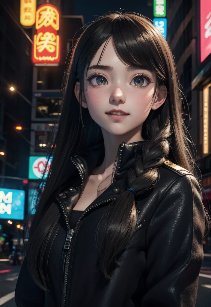 masterpiece, best quality, half body, portrait, night city, 1girl, anime, 3D, Japan, pixar, realistic, teen girl, smiling, cute face, harajuku fashion style, rain coat, beautiful, colourful, neon lights, cyberpunk, smooth skin, illustration, artstation, painting by stanley artgerm lau, sideways glance, foreshortening, extremely detailed 8K, smooth, high resolution, ultra quality, highly detail eyes, highly detail mouth, highly detailed face, perfect eyes, both eyes are the same, true light, glare, Iridescent, Global illumination, (long straight hair), (side comb hair), Big Breasts:1.7, real light, real shadow, real face, hd, 2k, 4k, 8k, 16k, realistic light, realistic shadow, bright Eyes, fluorescent eyes, soft light, dream light