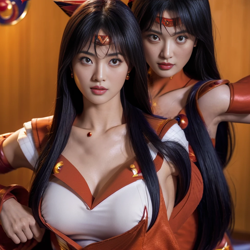 Highest quality，masterpiece，Very detailed, 8K，Beautiful Japan woman at 26 years old:1.5, Small face, blunt bangs, (Detailed red Sailor Mars costume:1.5), Breast Augmentation Surgery, Very detailedな臭い脇の下、　Dynamic Angle