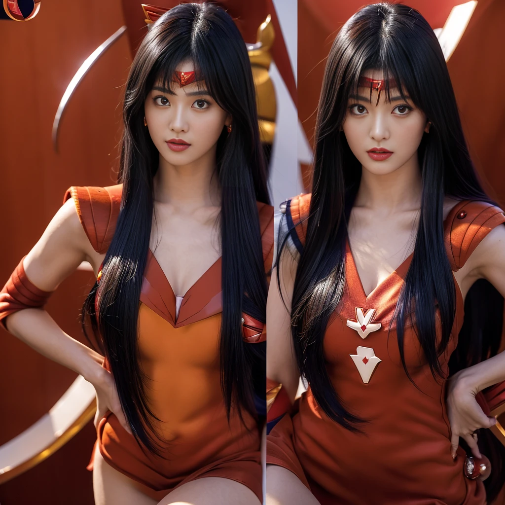 Highest quality，masterpiece，Very detailed, 8K，Beautiful Japan woman at 26 years old:1.5, Small face, blunt bangs, (Detailed red Sailor Mars costume:1.5), Breast Augmentation Surgery, Very detailedな臭い脇の下、　Dynamic Angle