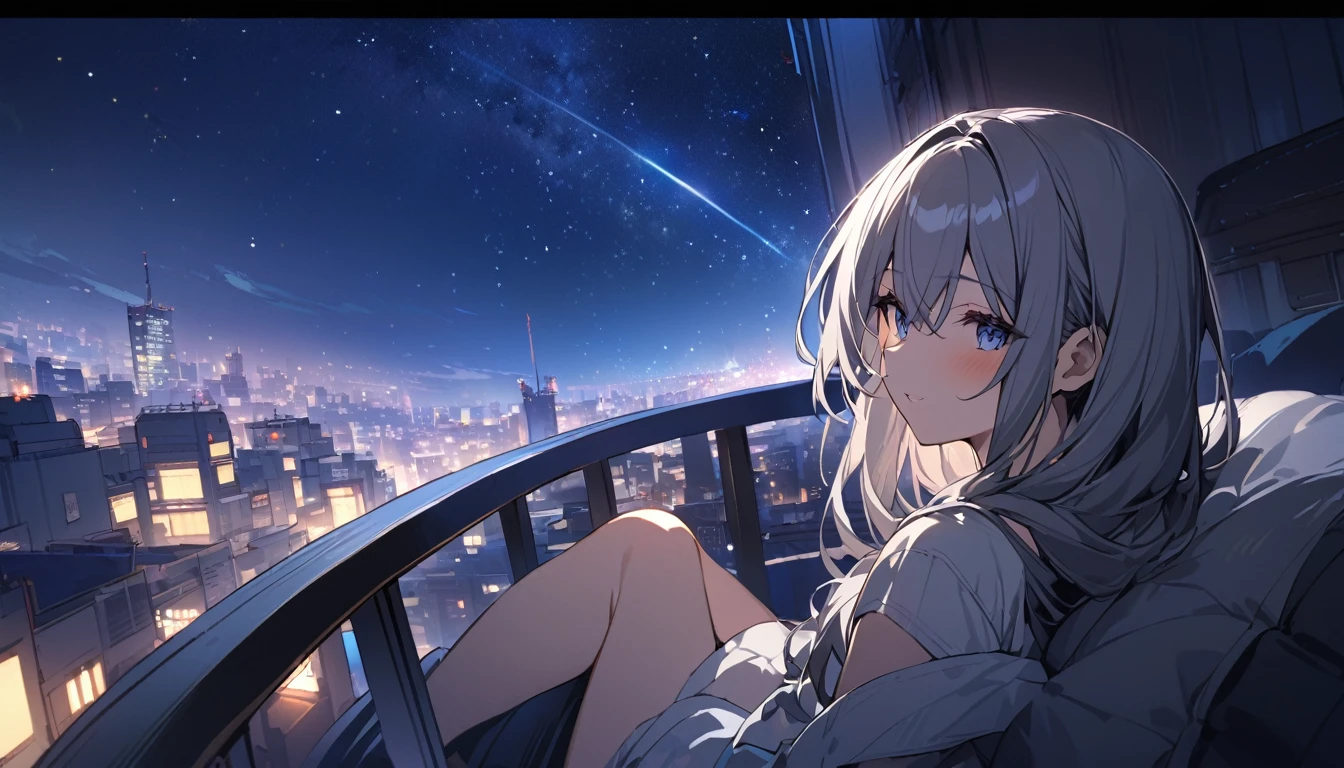 (Highest quality), A girl relaxing,While watching the night view,Beautiful starry sky