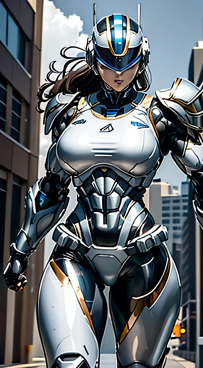Female Robocop Solo、Bright outdoors、strong light source、8K, high quality, masterpiece, 最high quality, Crisp contrast、Very detailed、Full body armor、Very large armor、Helmet covering the head、Clear photos、His eyes are hidden by thin straight goggles:1.3、The lower half of the face is raw々Shii:1.5、The lower half of the face is exposed、Seductive lips、Rainbow and white metallic armor、Armor that completely covers the chest、Long, slender legs、Vibrant Posselo Body View,Big and ample breasts:1.5, (Sports Body:1.5)、Five Fingers、Hold a handgun、In the city