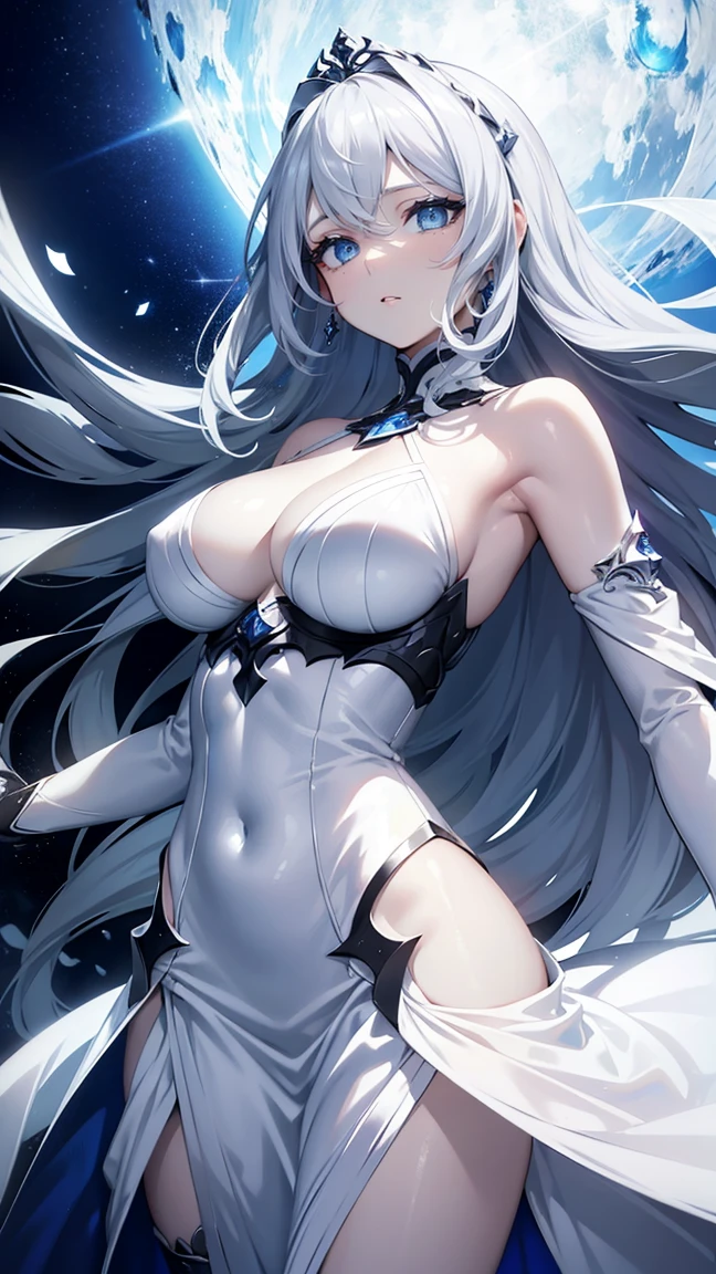 (masterpiece),((Highly detailed long silver hair)),((expressive blue eyes)),(Highly detailed white dress),deep cleavage,serious expression,extremely beautiful woman, pale white skin,silver jewelry,best quality,cel shading,etherial light,8K HD,highly detaild face, highly detaild eyes,flat color, fantasy style,light particles,(fullbody angle),high contrast,ufotable art style,contrapposto