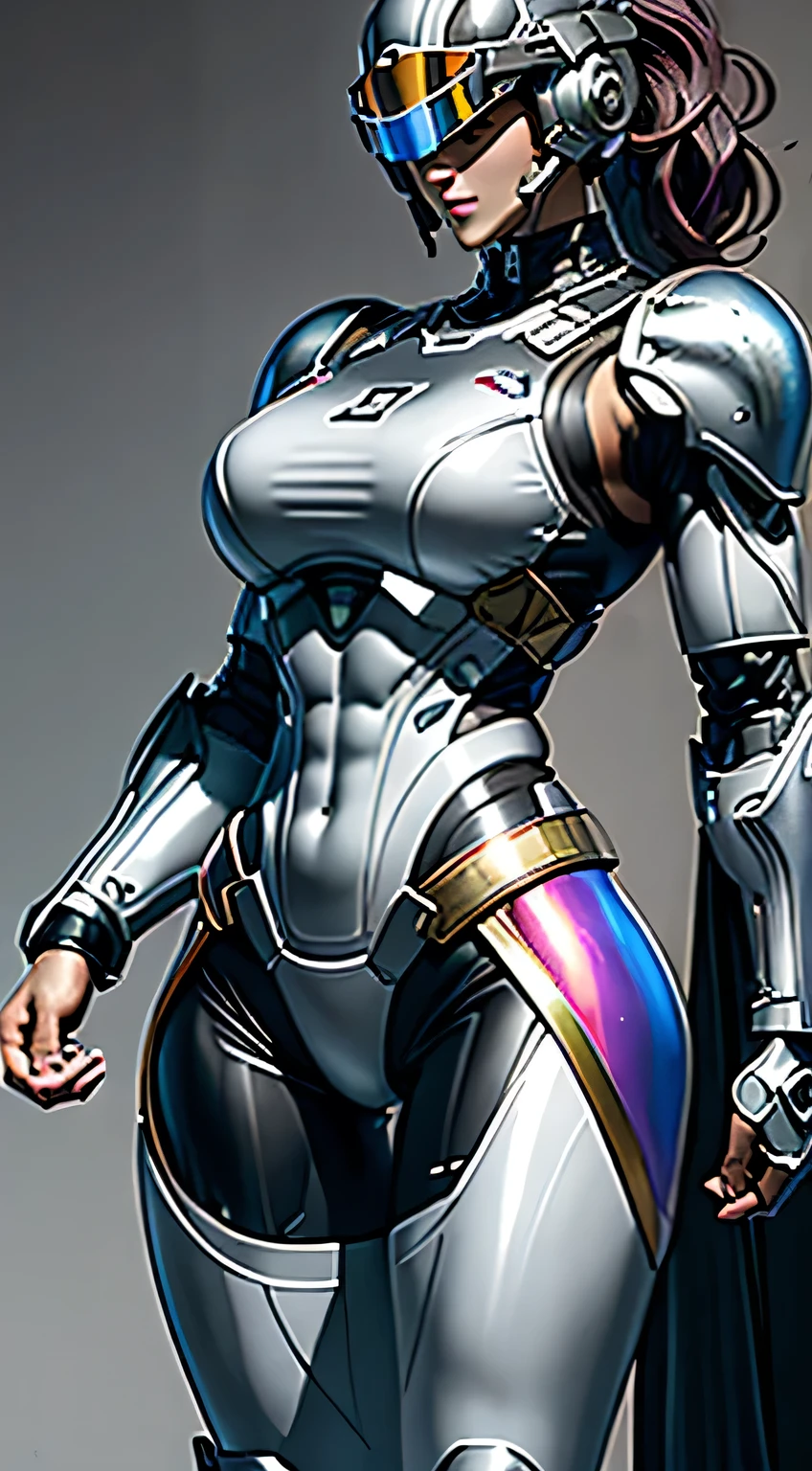 Female Robocop Solo、Bright outdoors、strong light source、8K, high quality, masterpiece, 最high quality, Crisp contrast、Very detailed、Full body armor、Very large armor、Helmet covering the head、Clear photos、His eyes are hidden by thin straight goggles:1.3、The lower half of the face is raw々Shii:1.5、The lower half of the face is exposed、Seductive lips、Rainbow and white metallic armor、Armor that completely covers the chest、Long, slender legs、Vibrant Posselo Body View,Big and ample breasts:1.5, (Sports Body:1.5)、Five Fingers、Hold a handgun、In the city