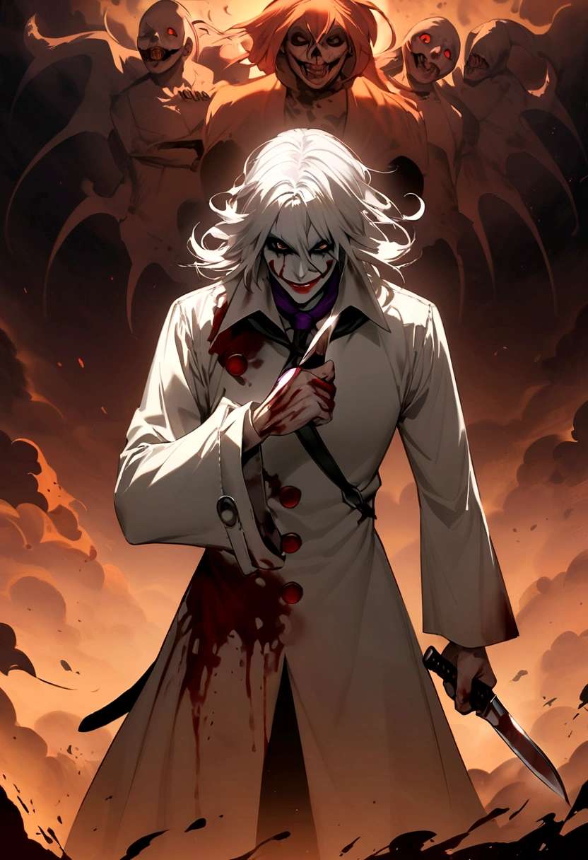 Create a new scary version of scary joker,with shoulder length hair,he is all stained with blood,and dust,he holds a knife,evil har,and he&#39;s wearing a straitjacket.