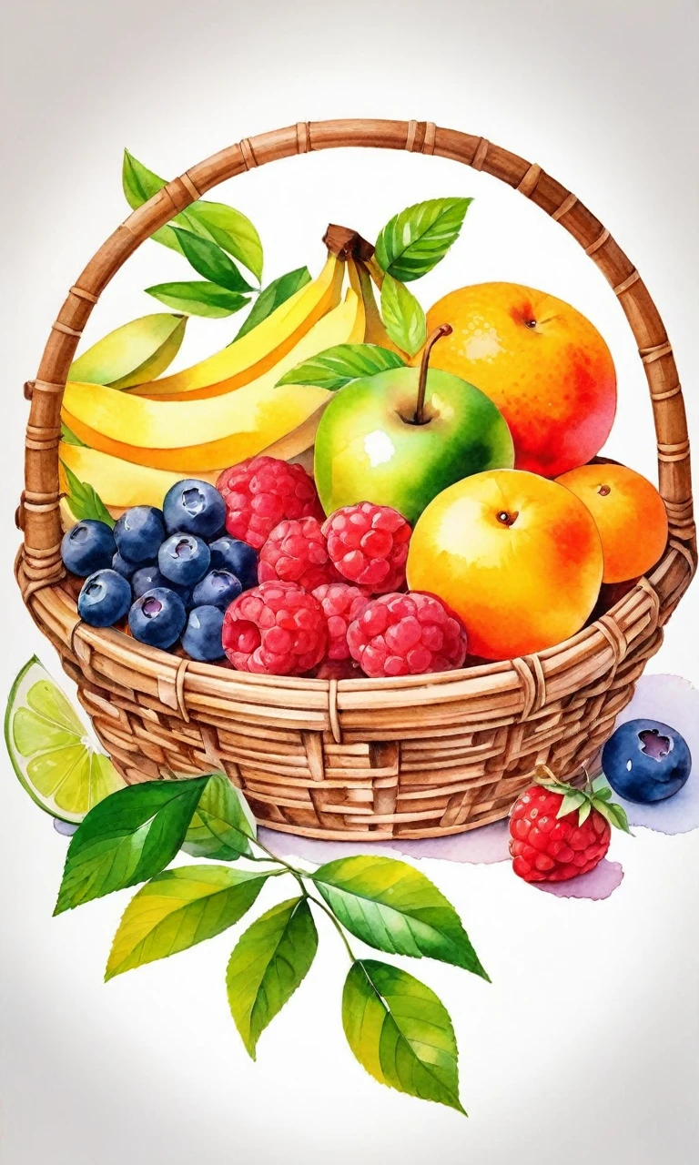Create a vibrant minimalist watercolor painting featuring a variety of fruits including cherries, banana, mango, grape, avocado, blueberries, peaches, oranges, raspberries, and strawberries arranged in and around a rattan basket. The composition should include lush green leaves as accents, with the fruits rendered in rich, juicy colors that convey their freshness and sweetness. The background should be clear isolated with ultra white transparent background.. ultra Realistic. Masterpiece.