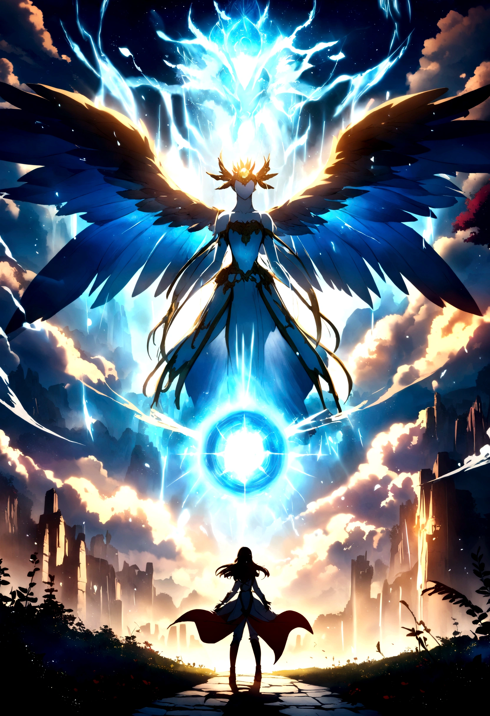 Create a scenario with a magical portal and a mystical kingdom in the background full of magical anime-style creatures