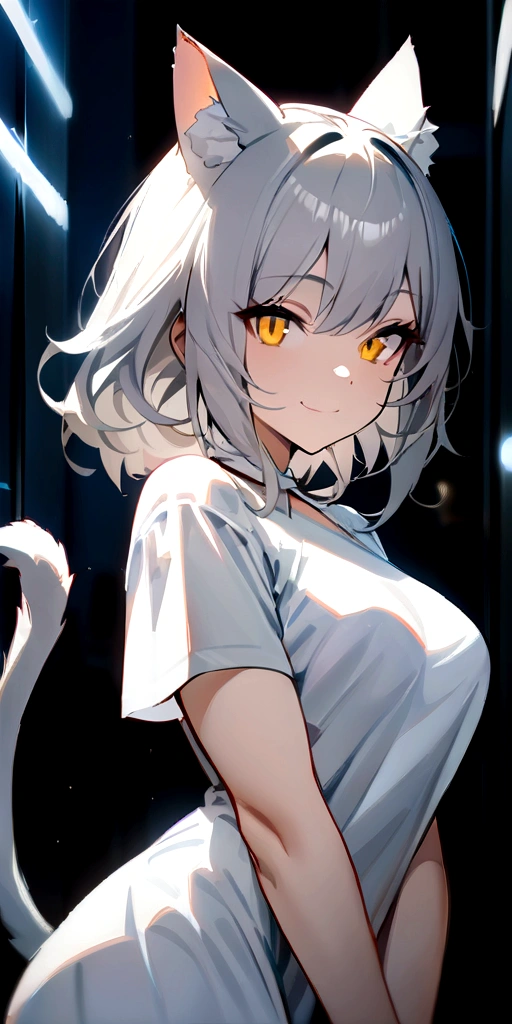 ((masterpiece)), ((best quality)), (half-body shot:1.36), perfect anatomy, 1girl, solo, cat girl, gray hair, yellow eyes, gray cat ears, gray fluffy cat tail, short-sleeved white dress, smiling, lighting from front, looking at viewers