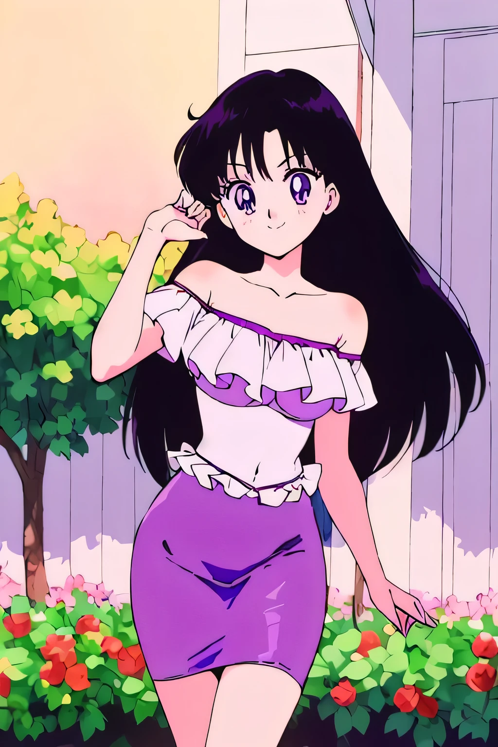 (retro anime girl:1.2), (masterpiece:1.2), (best quality), (ultra detailed), (8k,4k), (half body:1.2), (cowboy:1.2), (close up:1.2), (highly detailed:1.2), (White Ruffle Off-the-shoulder top:1.4), (purple skin tight pencil skirt:1.4), Rei Hino, 1 girl, solo, Best quality, masterpiece, High Definition, r, Purple Eyes, Beautiful Detail Eyes, Black Hair, Long Hair, Good hands at sides, Seductive Smile, Blushing, Bare Neck, Bare Arms, Bare Shoulders, short sleeve, Strapless, White Ruffle Off-the-Shoulder Top, Purple skin tight pencil skirt, standing in her garden near two columns, looking at viewers, garden, sunset skies, rose bushes,