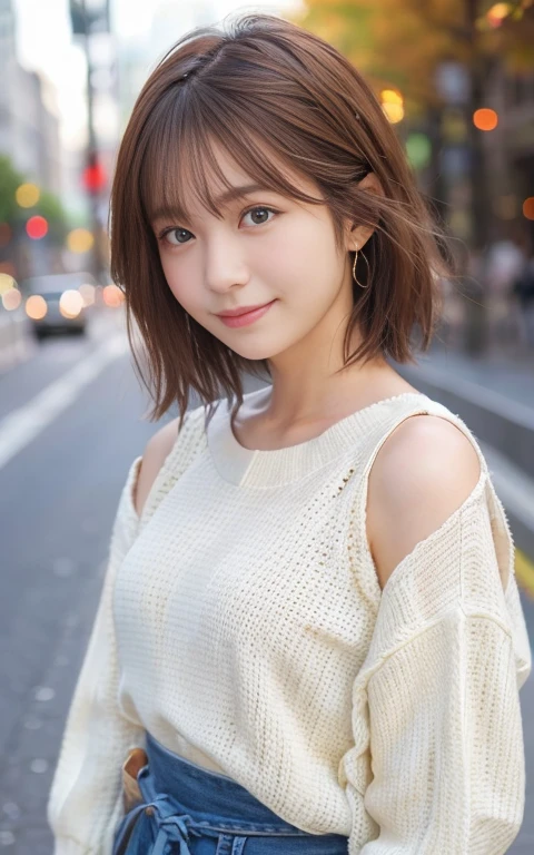 Cute 21 year old Japanese、city、shopping、Highly detailed face、Pay attention to the details、double eyelid、Beautiful thin nose、Sharp focus:1.2、Beautiful woman:1.4、(Light brown hair,short hair、),Pure white skin、Highest quality、masterpiece、Ultra-high resolution、(Realistic:1.4)、Highly detailed and professional lighting、nice smile、Please show me your whole body、Cute autumn clothes、