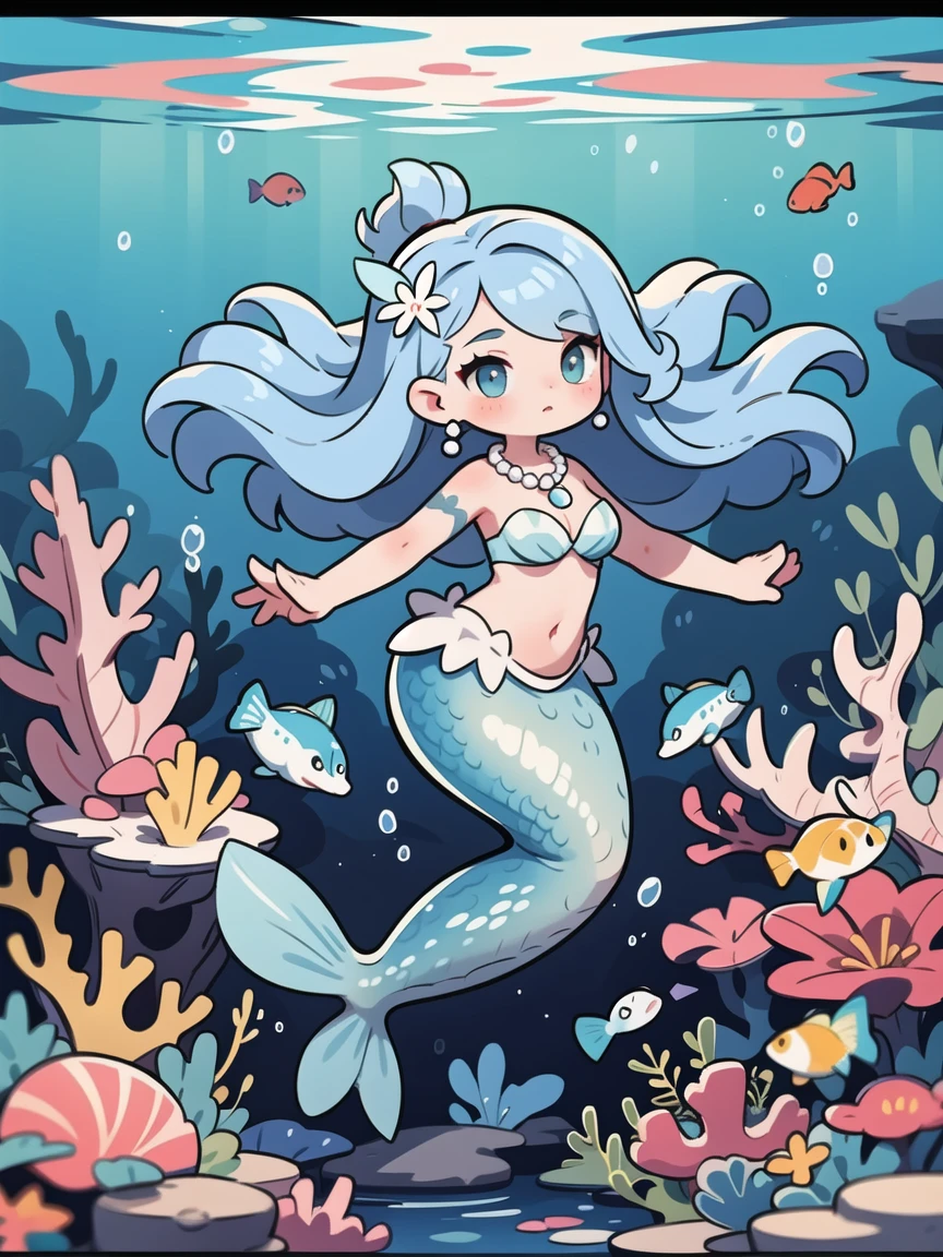 ((Masterpiece)), ((best quality)),1girl,mermaid,(blue hair, curly hair, floating hair),shell hair ornament,pearl hair ornament,pearl necklace,underwater,