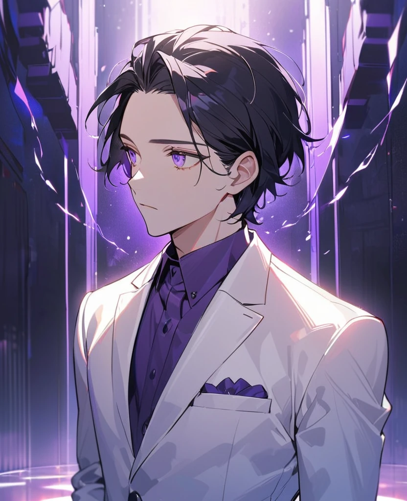 handsome, alone, ,I should probably cry.,1 man, black hair, (((forehead)))，light purple eyes, white suit, modern，Light purple collared shirt，expressionless，The best shadow and light，Medium-parted short hair，((look away)),perfect face, beautiful eyes， Eyes with exceptional detail，purple light