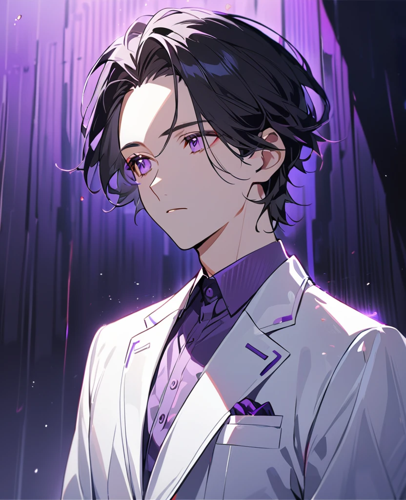 handsome, alone, ,I should probably cry.,1 man, black hair, (((forehead))),light purple eyes, white suit, modern,Light purple collared shirt,expressionless,The best shadow and light,Medium-parted short hair,((look away)),perfect face, beautiful eyes, Eyes with exceptional detail,purple light
