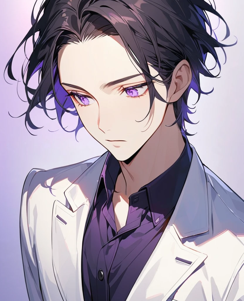 handsome, alone, ,I should probably cry.,1 man, black hair, (((forehead)))，light purple eyes, white suit, modern，Light purple collared shirt，expressionless，The best shadow and light，Medium-parted short hair，((look away)),perfect face, beautiful eyes， Eyes with exceptional detail，purple light